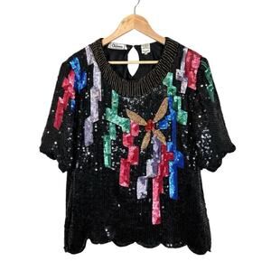 Vintage 80s Channa Sequin Beaded Top Black Silk Multicolor 2X Party Colorful